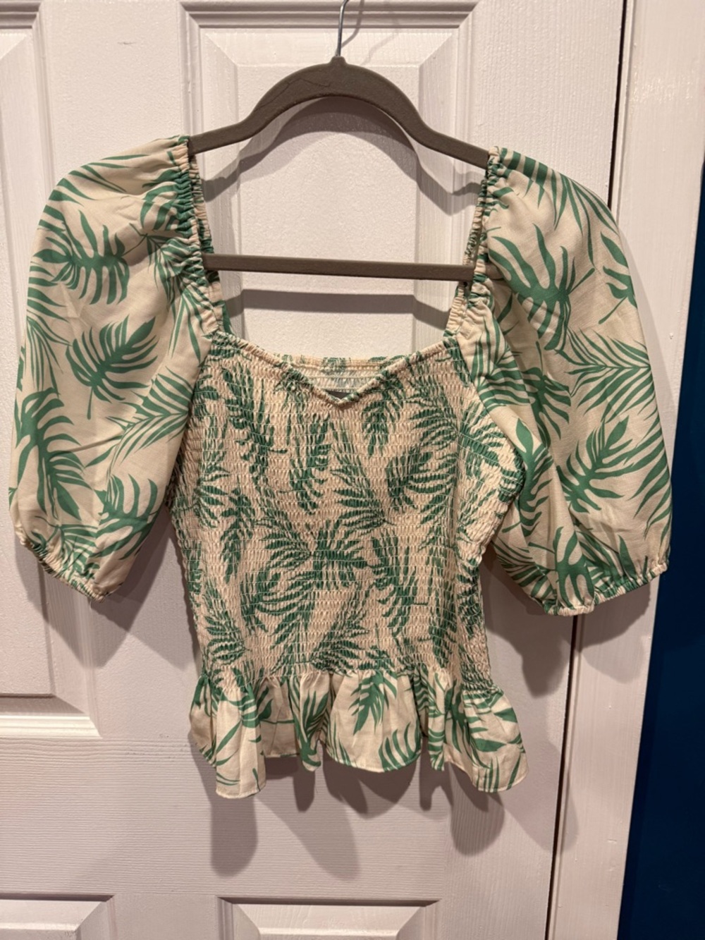 Wishlist Green Leaf Smocked Puff-Sleeve Top on Cream